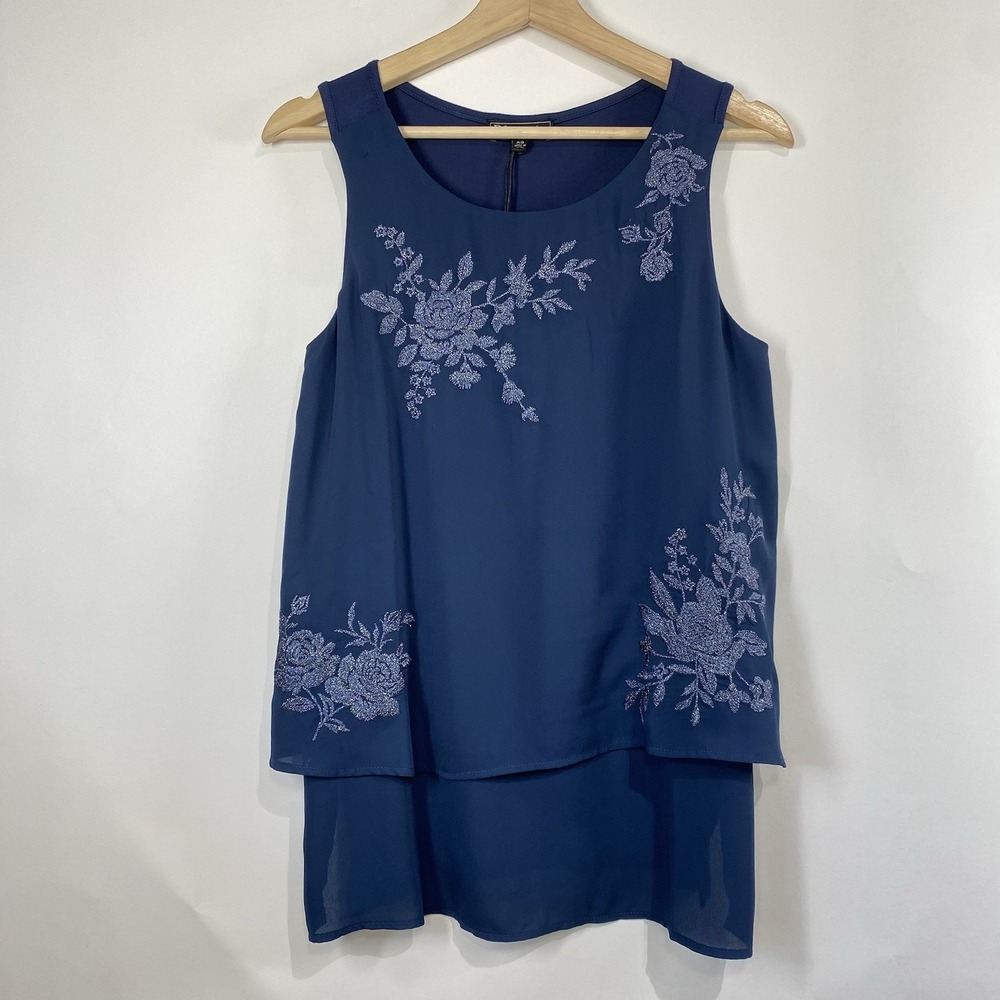 DG2 Diane Gilman Floral Embroidered Mixed Media Easy Tank Navy Size XS Tunic